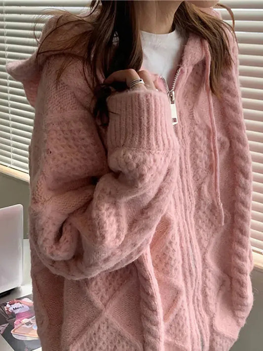 lovwvol Korean Fashion Knit Cardigan Women Autumn Winter Casual Loose Zipper Hooded Thick Sweater Coat Long Sleeve Pink Top