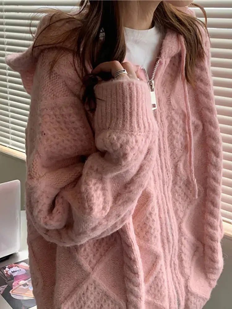 Cyflymder Korean Fashion Knit Cardigan Women Autumn Winter Casual Loose Zipper Hooded Thick Sweater Coat Long Sleeve Pink Top