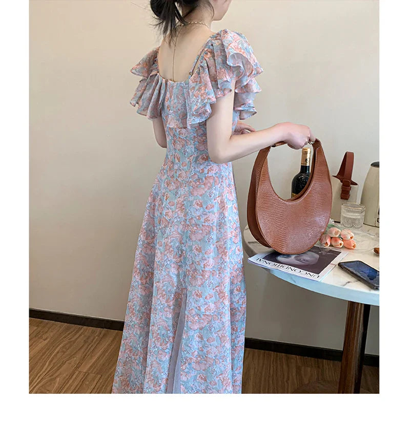 lovwvol Summer Elegant Chiffon Floral Strap Dress Women's Mesh Stitching Strapless Mixi Dress Holiday Ladies  Female Robe