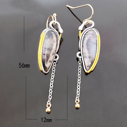 Classic Bird Swan Crane Natural Stone Earrings Vintage Jewelry Metal Two Tone Long Chain Dangle Earrings for Women