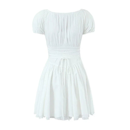 lovwvol New Women Sweet Lace Trim Slim White Dress Short Sleeve Lace Up Back Female Holiday Party Casual Dress Summer Robe Cotton