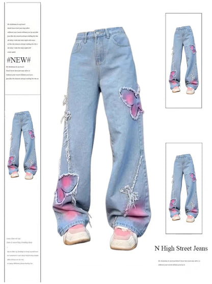 lovwvol Women's Blue Butterfly Jeans Baggy Vintage Y2k Denim Trousers 2000s Harajuku Wide Leg Cowboy Pants Trashy 90s Aesthetic Clothes