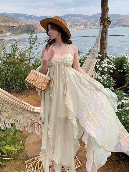 lovwvol France Fashion Irregular Beach Strap Dress Female Elegant Chiffon Fairy Party  Korea Summer Casual Clothing