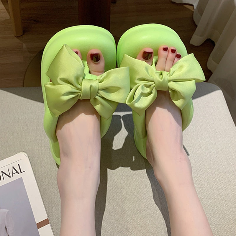 Sweet Slik Bowtie Flip Flops Female 2023 Summer Eva Soft Sole Cloud Slide Slippers Woman Thick Heeled Chunky Platform Sandals