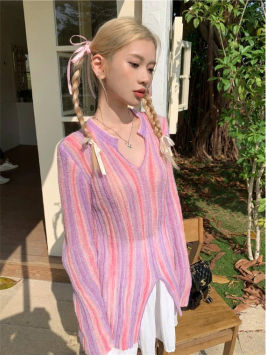 lovwvol Gradual Striped Sweater Female Summer Slim Y2k Tops V Neck Slit Design Women Clothes Sweet Korean Fashion Ropa