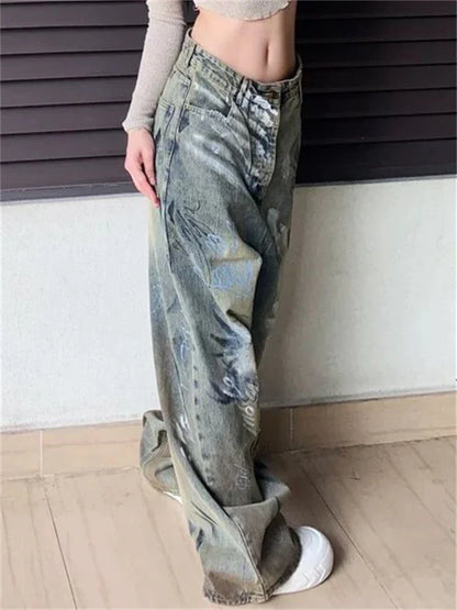 lovwvol Women's Graffiti Pattern Design Unisex Jeans Street Denim Trousers Young Girl Bottoms Female Loose Straight Wide Leg Pants