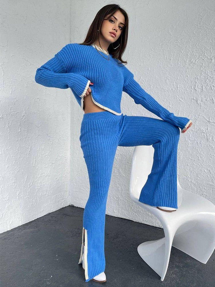 lovwvol lovwvol Two Piece Set Women Casual Panelled Side Split Trouser Suits Female 2023 Spring Crop Sweater High Waist Ladies Suits