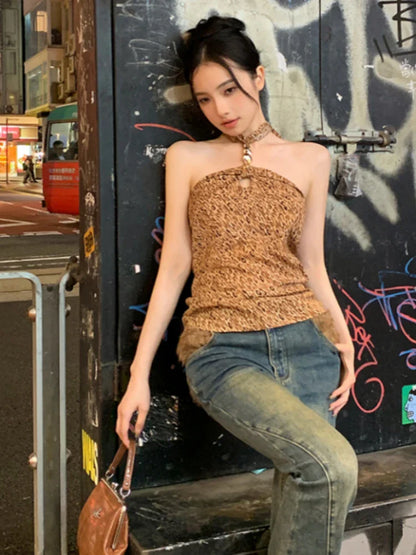 lovwvol  -  Y2k Aesthetic Hollow Out Leopard Sexy Tank Top Women Streetwear Backless Bandage Tanks Harajuku Halter Slim Fit Vintage Tops