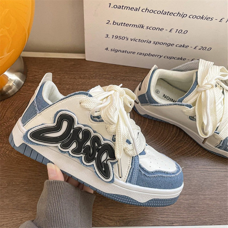 Denim Cloth Couples Sneakers With Letters Mixed Color Women Sport Casual Trainers Fashion Men Skateboarding Shoes Female Shoes