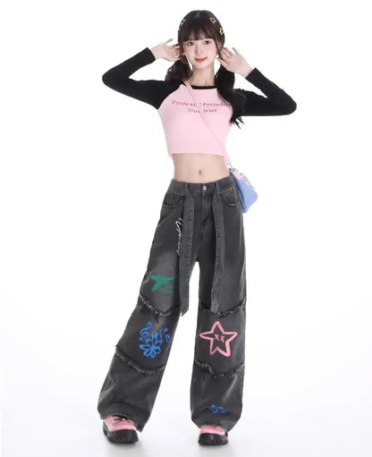 lovwvol American Vintage High Waist Straight Jeans Grunge Streetwear Tassels Print Pants Women's Casual Baggy Y2K Wide Leg Denim Trouser