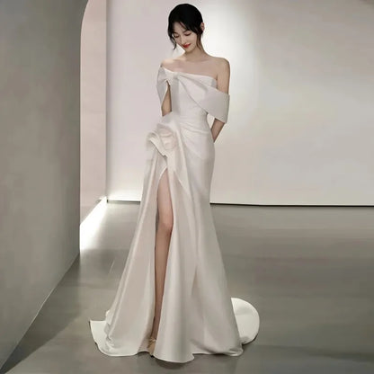 lovwvol Off-The-Shoulder Satin High Split Twist Front Train Dresses For Wedding pin page