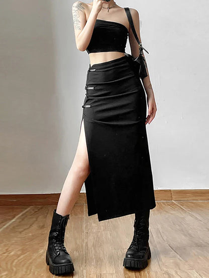 Streetwear Black Y2k Cargo Midi Skirts Grunge Gothic Split Sexy High Waist Skirt For Women Korean Fashion Fall Bottoms