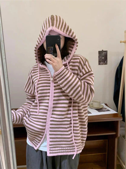 Contrast Color Striped Fashion Casual  Hooded Cardigans Autumn Sweet Sweaters Y2k Aesthetic All Match Women Dual Zippers Tops