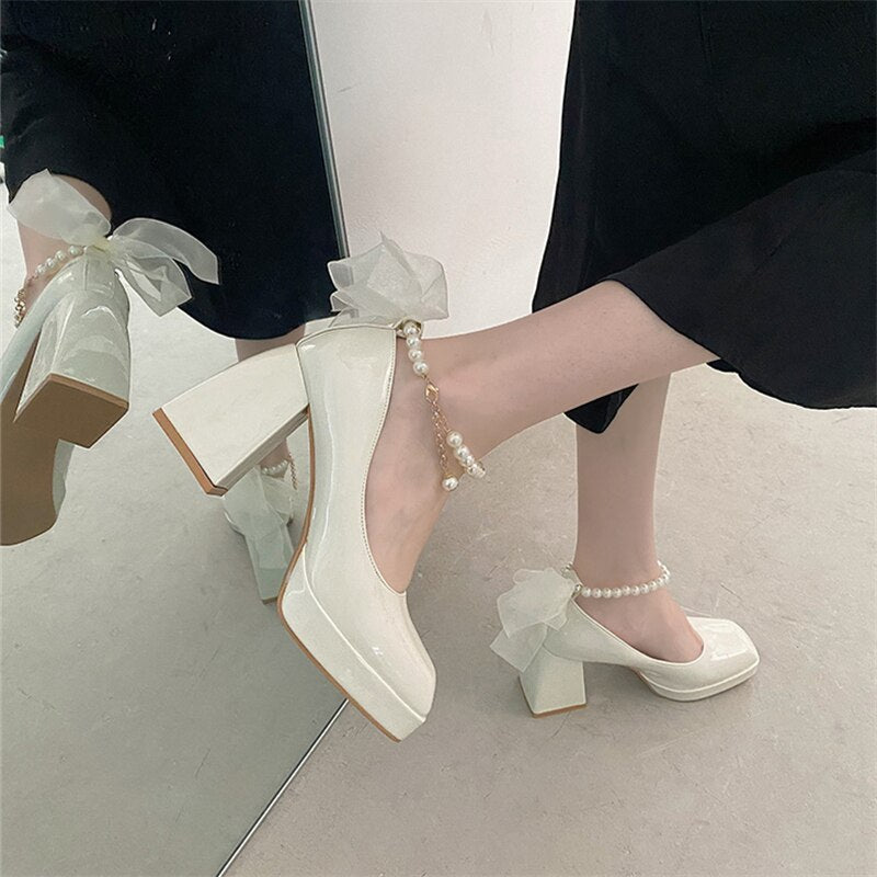 Elegant Pumps Women Heels Shoes Leather Mary Janes Square Toe String Bead Decorate Ladies Shoes Office Black White Retro