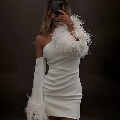 Feathers Flare Long Sleeve Mini Dress Sexy Elegant Slim One Shoulder Spring Fashion Female Club Party Dresses