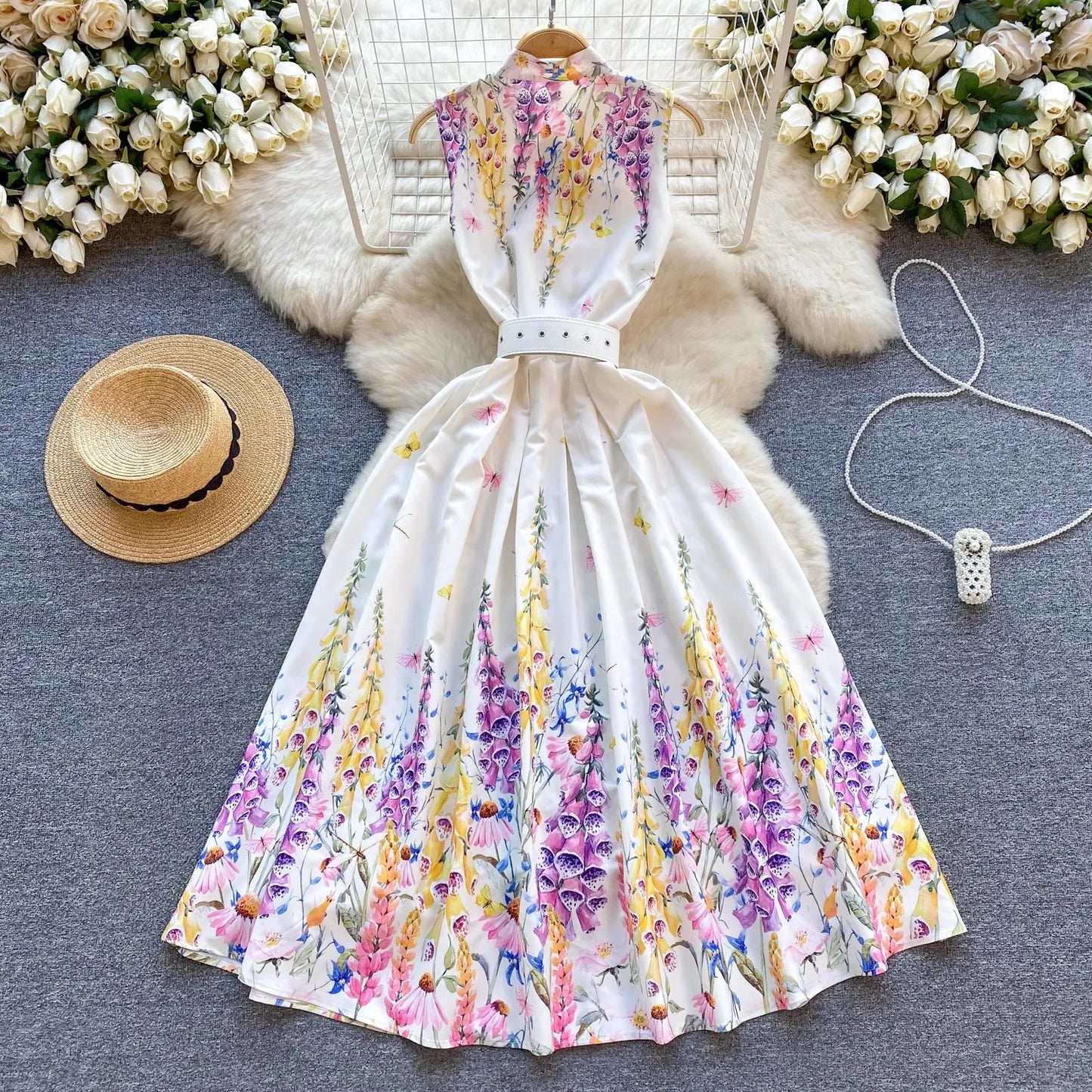 lovwvol Runway Summer Holiday Flower Tank Dress Women's Sleeveless Bow Neck Single Breasted Floral Print Belt Boho Vest Party