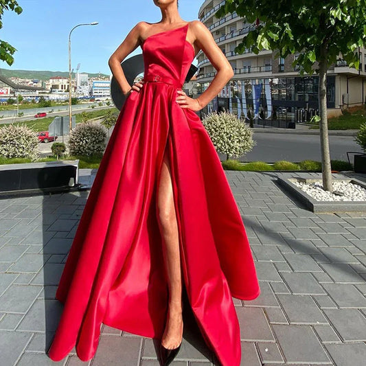 Women Sexy Off Shoulder Long Dress Elegant Hight Split Waist Slim Party Dress Summer Casual Sleeveless Backless Solid Maxi Dress