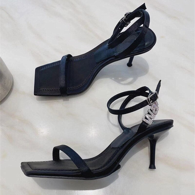 New Square Toe Women Sandals Crystal Letters Decor Women Pumps Sexy High Heels Silk Wedding Dress Shoes Gladiator Sandal