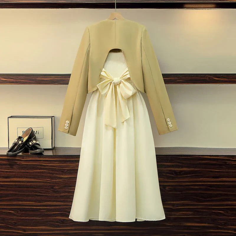 Women Dress Sets Chic Elegant Office Lady Outfits 2 Piece Long sleeves Crop Blazer +Spaghetti Strapless Camisole Dress Suits Ins