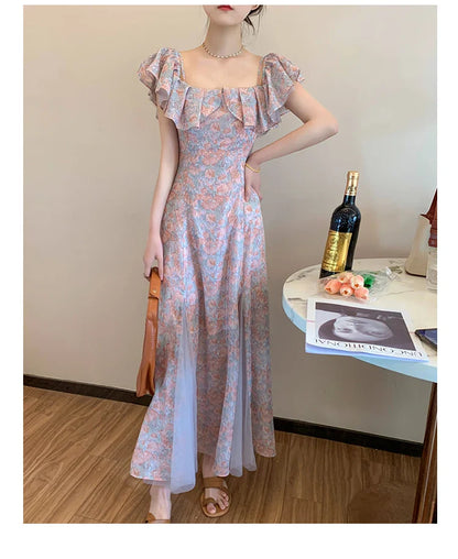 lovwvol Summer Elegant Chiffon Floral Strap Dress Women's Mesh Stitching Strapless Mixi Dress Holiday Ladies  Female Robe