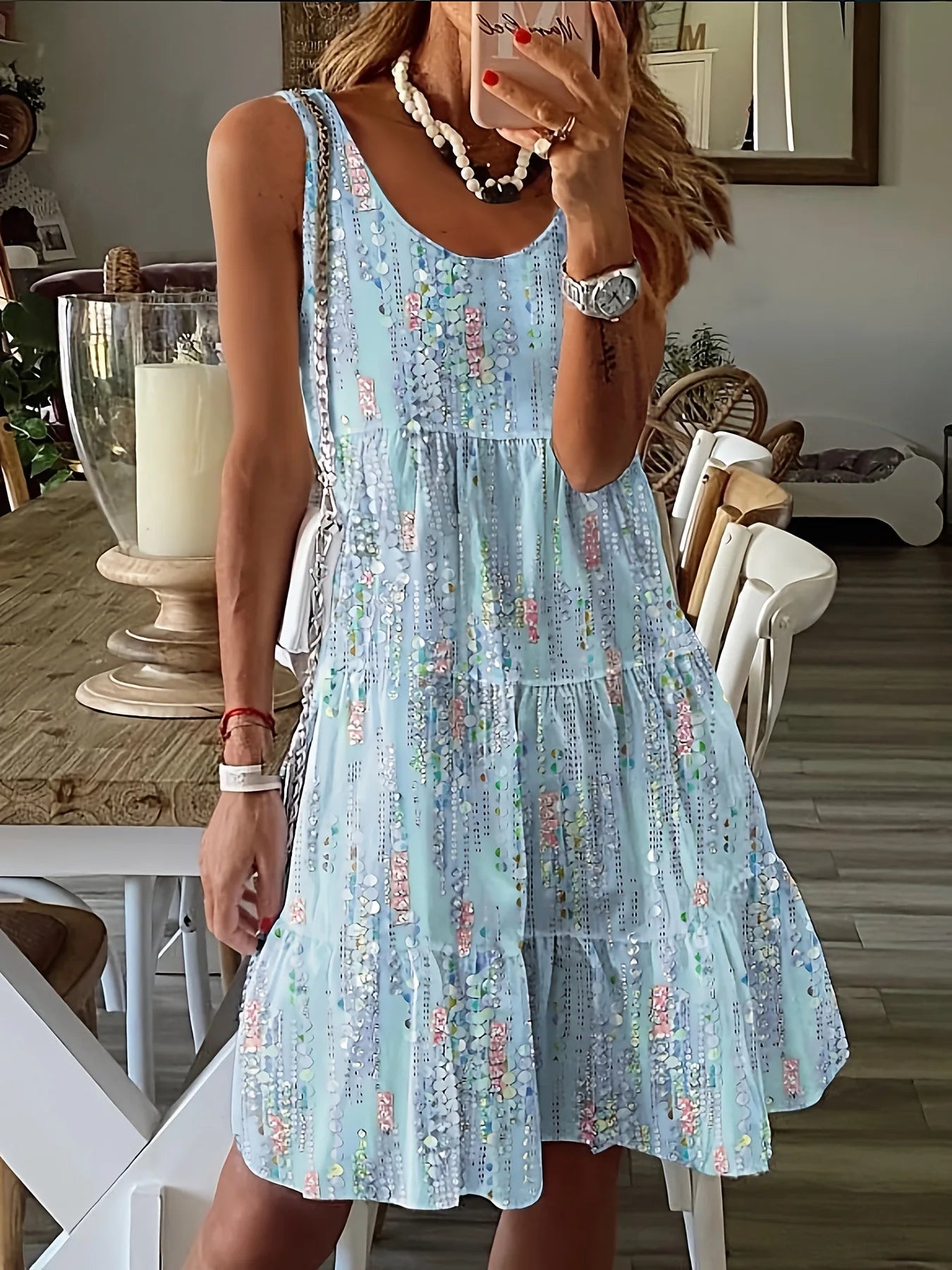 lovwvol Spring and summer new casual fashion floral print loose round neck sleeveless mid-length dress