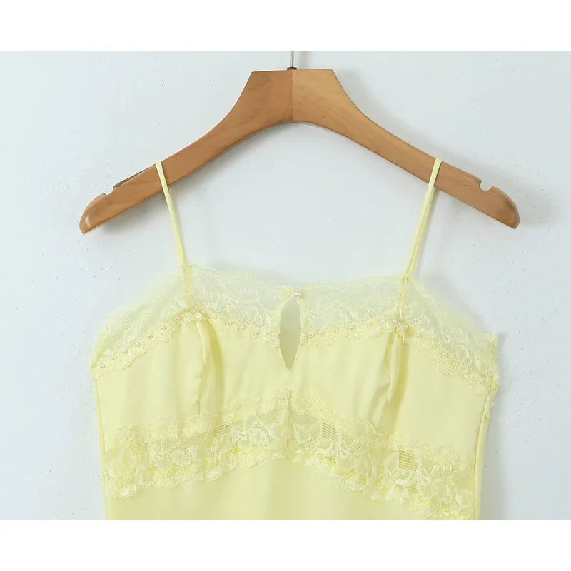 lovwvol Romantic Women Lace Trim Yellow Spaghetti Strap Sexy Dresses Chic Backless Female Club Party Mini Dress Satin Robe