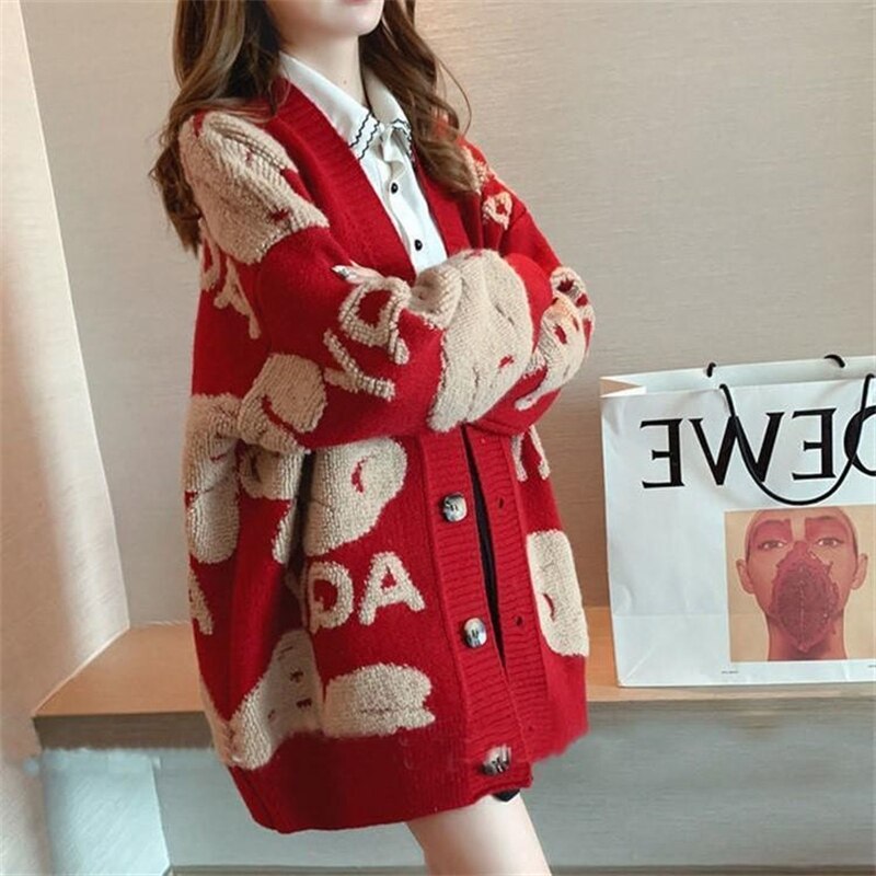 lovwvol Loose Sweater Oversize Woman Christmas Sweater Coat Korean Fashion Sweet Cardigans For Women 2023 Thick Winter Clothes Knitted