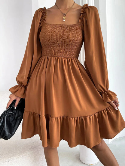 Square Neck Shirred Bodice Flounce Sleeve Ruffle Hem Dress Dresses