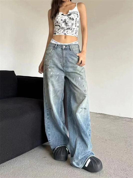 lovwvol Women's Splashing Paint Graffiti Unisex Wide Leg Jeans Cool Girl Street Fashion Straight Pants Female High Waist Denim Trousers