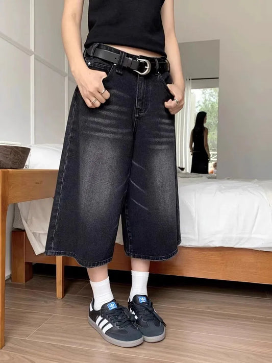 lovwvol Y2k Baggy Vintage Jorts Women High Waist American Streetwear Wide Leg Knee Length Jeans Casual Loose Summer Denim Shorts