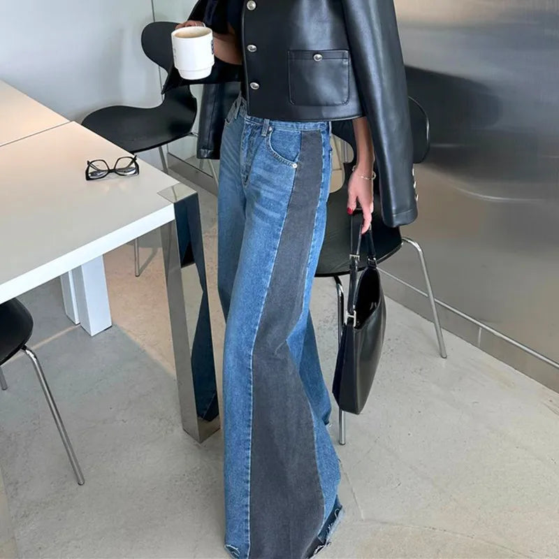 lovwvol  -  Y2K Fashion Patchwork Vintage Blue Baggy Flare Jeans Pants For Women Clothes Loose Wide Leg Denim Trousers Pantalon Femme