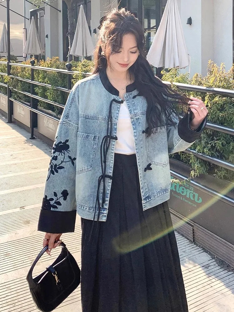 lovwvol  -  Chinese Style Embroidered Short Denim Coat Women's Jacket  Autumn Knot Botton Design Loose Outerwears Female Clothes