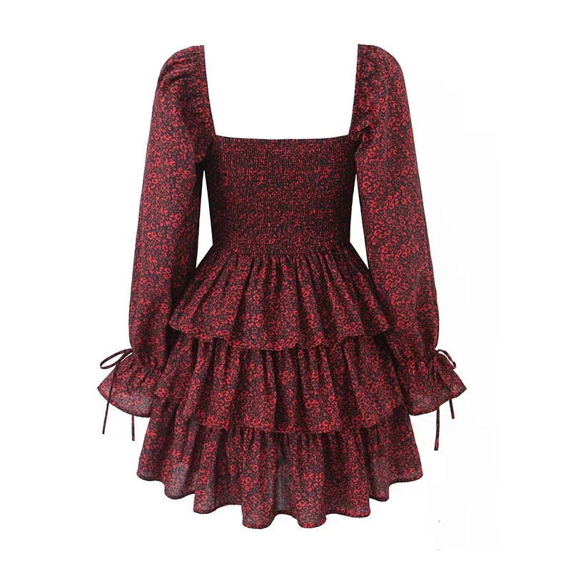 lovwvol  2024 Women Front Lacing Up Wine Red Floral Print Dress Vintage Puff Sleeve Layered Ruffle Hem Cake Mini Dress Holiday