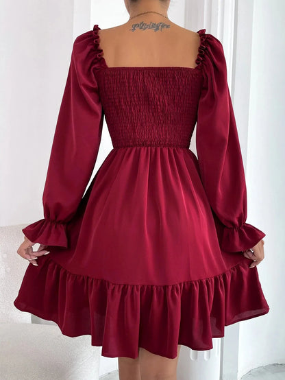 Square Neck Shirred Bodice Flounce Sleeve Ruffle Hem Dress Dresses