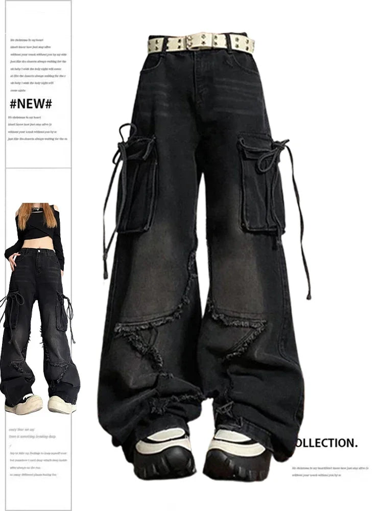 lovwvol Women's Black Gothic Baggy Cargo Jeans with Star Harajuku Y2k 90s Aesthetic Denim Trousers Emo 2000s Jean Pants Vintage Clothes