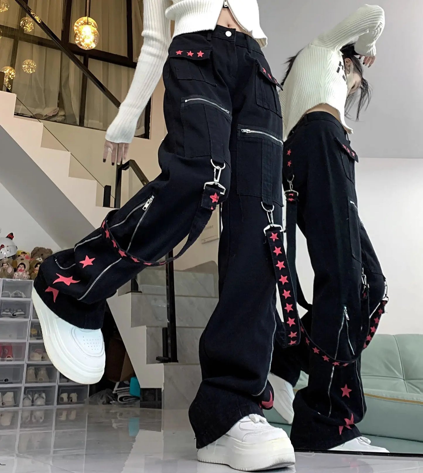 lovwvol Women's Black Gothic Baggy Cargo Jeans with Star Harajuku Y2k 90s Aesthetic Denim Trousers Emo 2000s Jean Pants Vintage Clothes