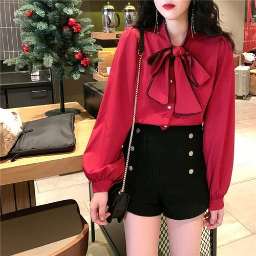 Sweet Ladies White Ribbon Bowknot Shirt 2023 Spring New Elegant Women's Solid Color Bow Long Sleeve Tops Female Fashion Bllouse