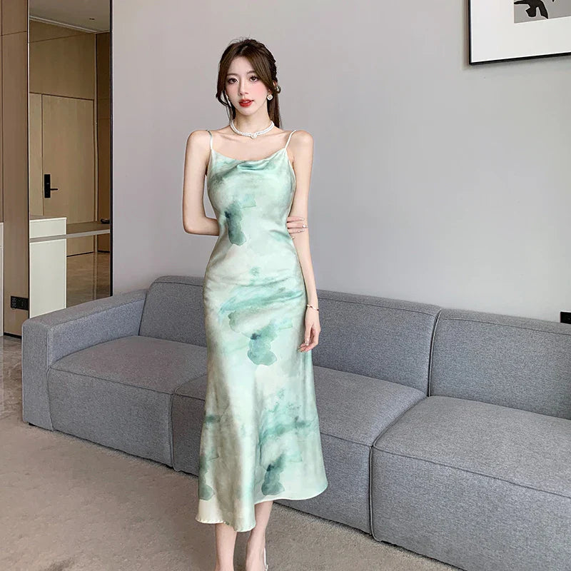 lovwvol Vintage Print Satin Midi Dresses Female  Summer French Elegant Chic Swinging Collar Slim Camisole Green Clothes for Women