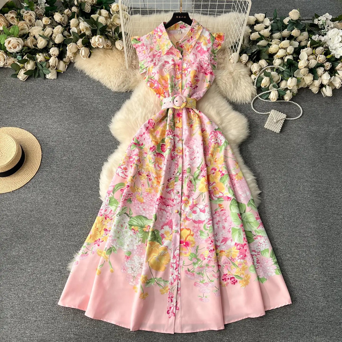 lovwvol New Fashion 2024 Summer Holiday Long Dress Women's Gorgeous Sleeveless Turn Down Neck Floral Print Belt Robe Beach Vestidos