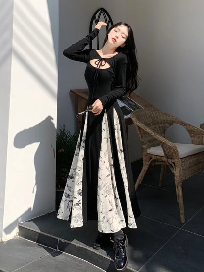 lovwvol Vintage Knitted Patchwork Floral Dress Irregular Design Sense Hepburn Wind Sweet Fashion Slim Summer New Black Long Dresses