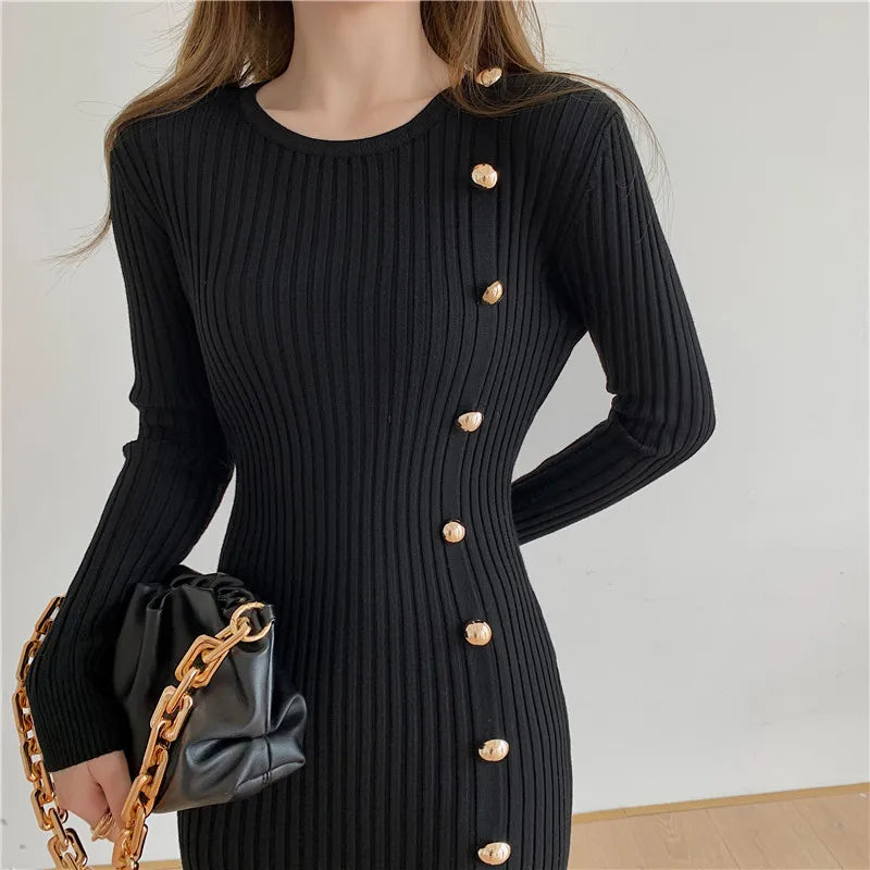 lovwvol Vintage Midi Dresses for Women Clothing Long Sleeve Elegant Button Warm Trumpet Mermaid Knitted Sweater Bodycon Dress Winter New