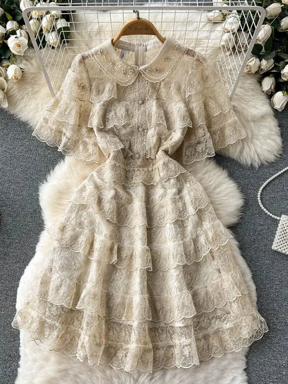 lovwvol New Summer Pink Lace Embroidery Mini Dress Female Short Sleeve High Waist Ruffles Elegant Runway Cascading Vestidos