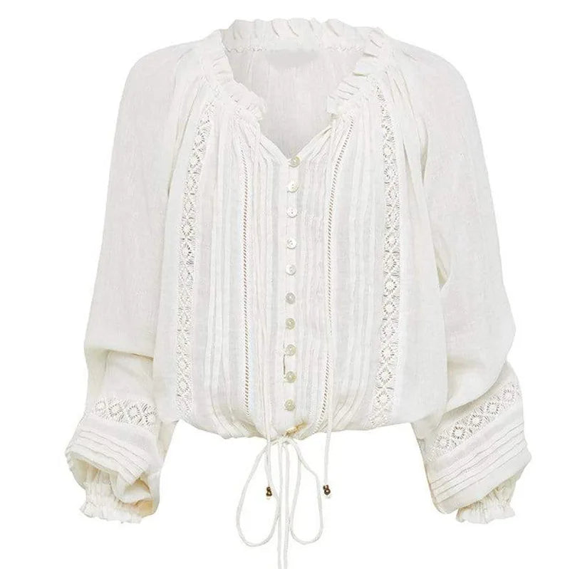 lovwvol Long Lantern Sleeve V Neck Lace Blouses Shirts Women Top Vintage White Cotton boho Autumn Blouse Party lady blusas