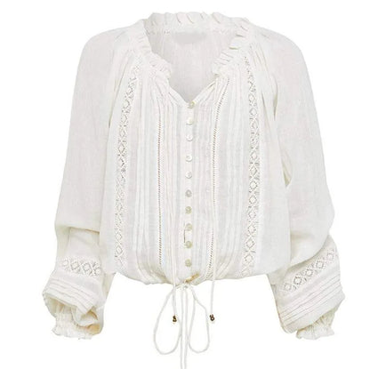 lovwvol Long Lantern Sleeve V Neck Lace Blouses Shirts Women Top Vintage White Cotton boho Autumn Blouse Party lady blusas