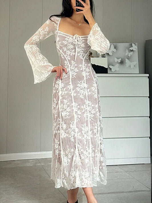 Ladies Elegant Lac-up Square Neck Print Long Sleeve Long Dress Women Sexy Autumn Sexy Lace Backless Slim Outfits