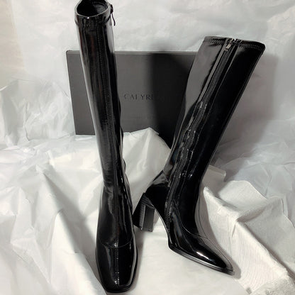 7CM Women Long Boots High Quality Leather Patent Leather Ladies Zip Knight Boots Fashion High Heel Knee-high lady Boots