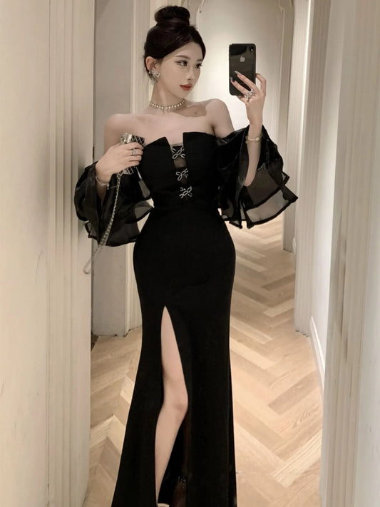 Fashion Sexy Black Party Prom Dresses Elegant Slim Waist Split Runway Robe Women Spring Summer Off Shoulder Vestidos Clothes