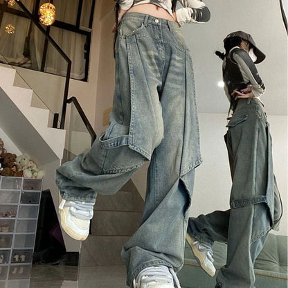 lovwvol Y2k Vintage Jeans Women High Waist Loose Straight Pants Spring Blue Spliced Casual Streetwear Fashion Denim Wide Leg Pants