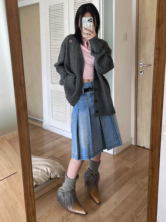 lovwvol Vintage Knee-length Midi Long Pleated Denim Skirt Women Acubi Fashion Grunge Y2k Streetwear Blue Jeans Bottoms Female