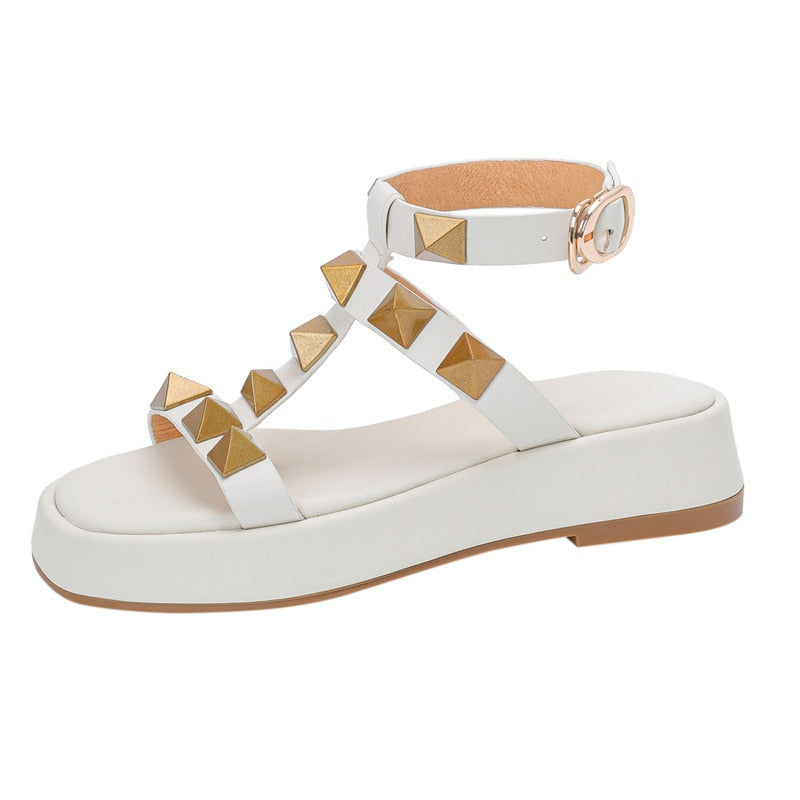 lovwvol Women Sandals SmallHut Summer Sheepskin Platform Shoes Ladies White Black Yellow Blue Ankle Strap T-Tied Rivets Roman Sandals